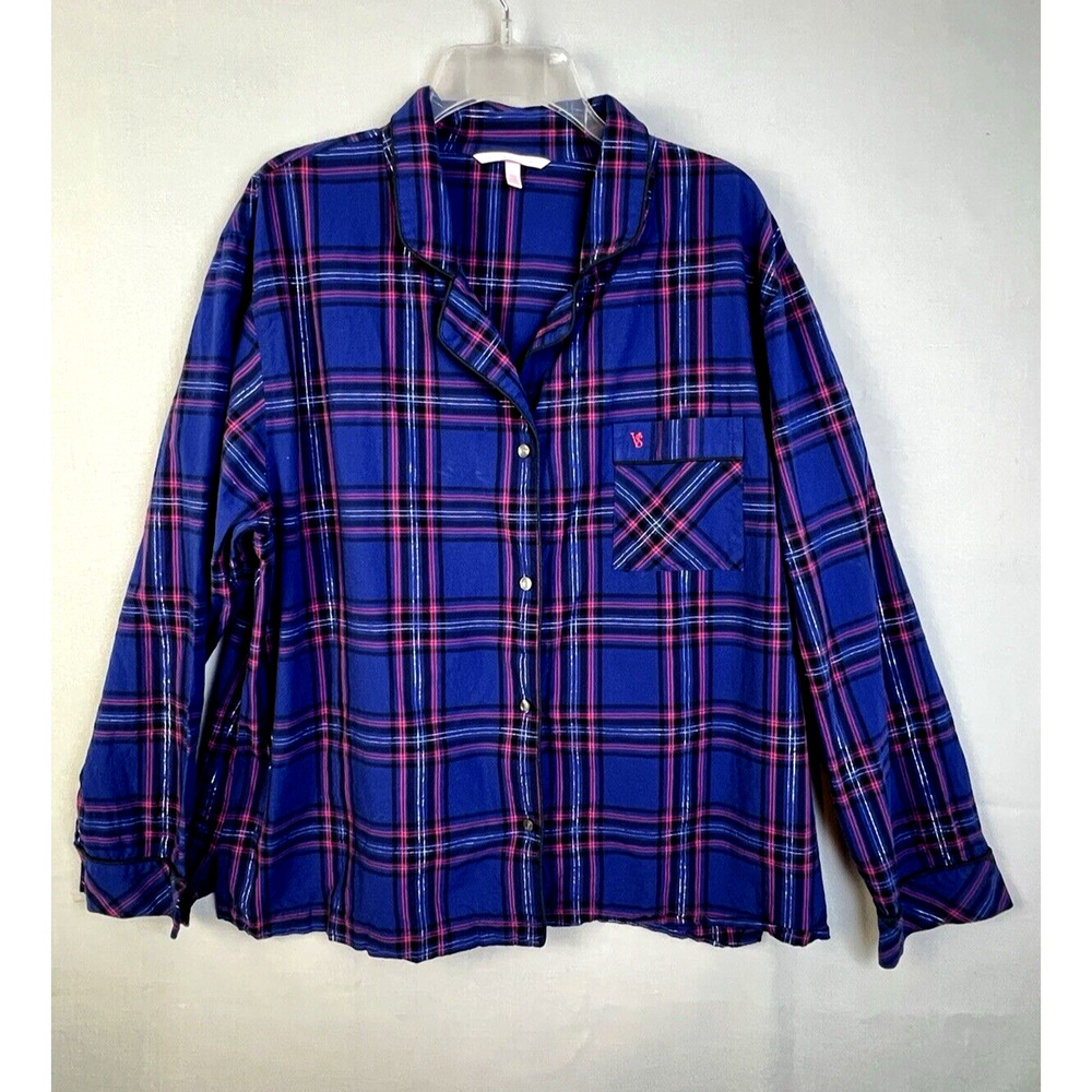 VIctoria's Secret Sleep Shirt Women's XL Blue Plaid Button Front Pajama Top